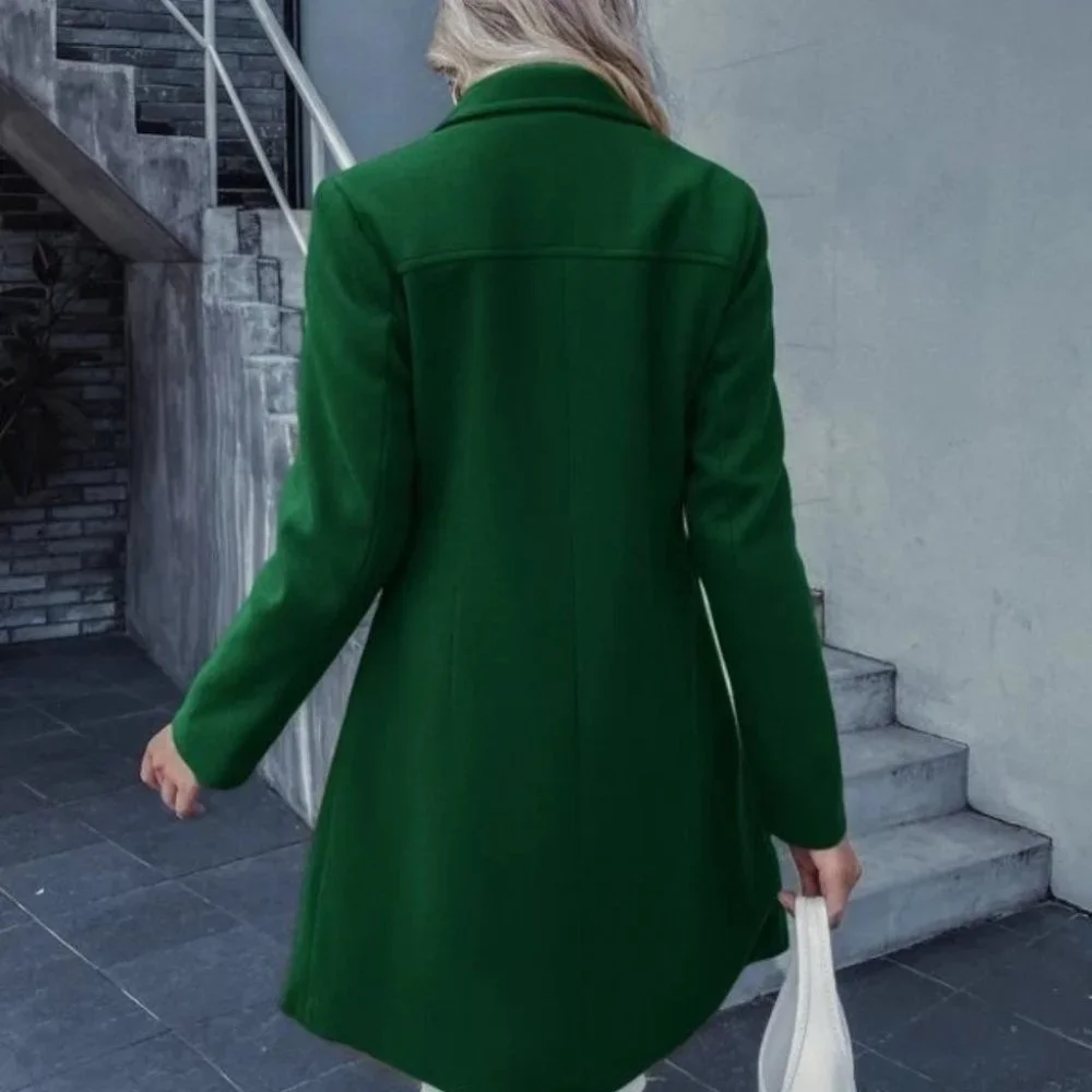 Double Breasted Lapel Collar Button Up pocketed Overcoat GREEN - Picture 4 of 8